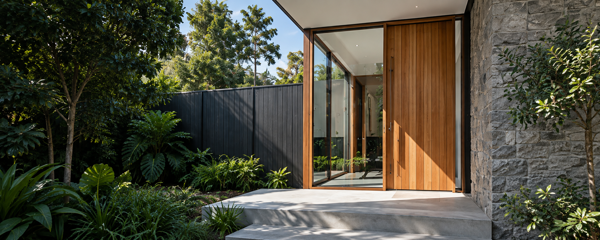 Timber pivot entrance door by GCD Architectural